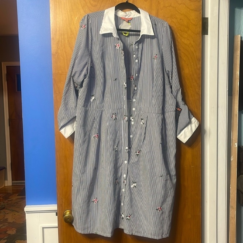 Modcloth Navy Stripe Shirt Dress with White Collar and Floral Embroidery